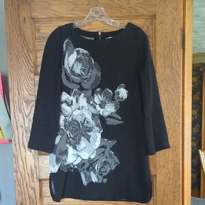 Chicos Black Floral Blouse Scoop Neck Tunic Sweater Size Chicos 0